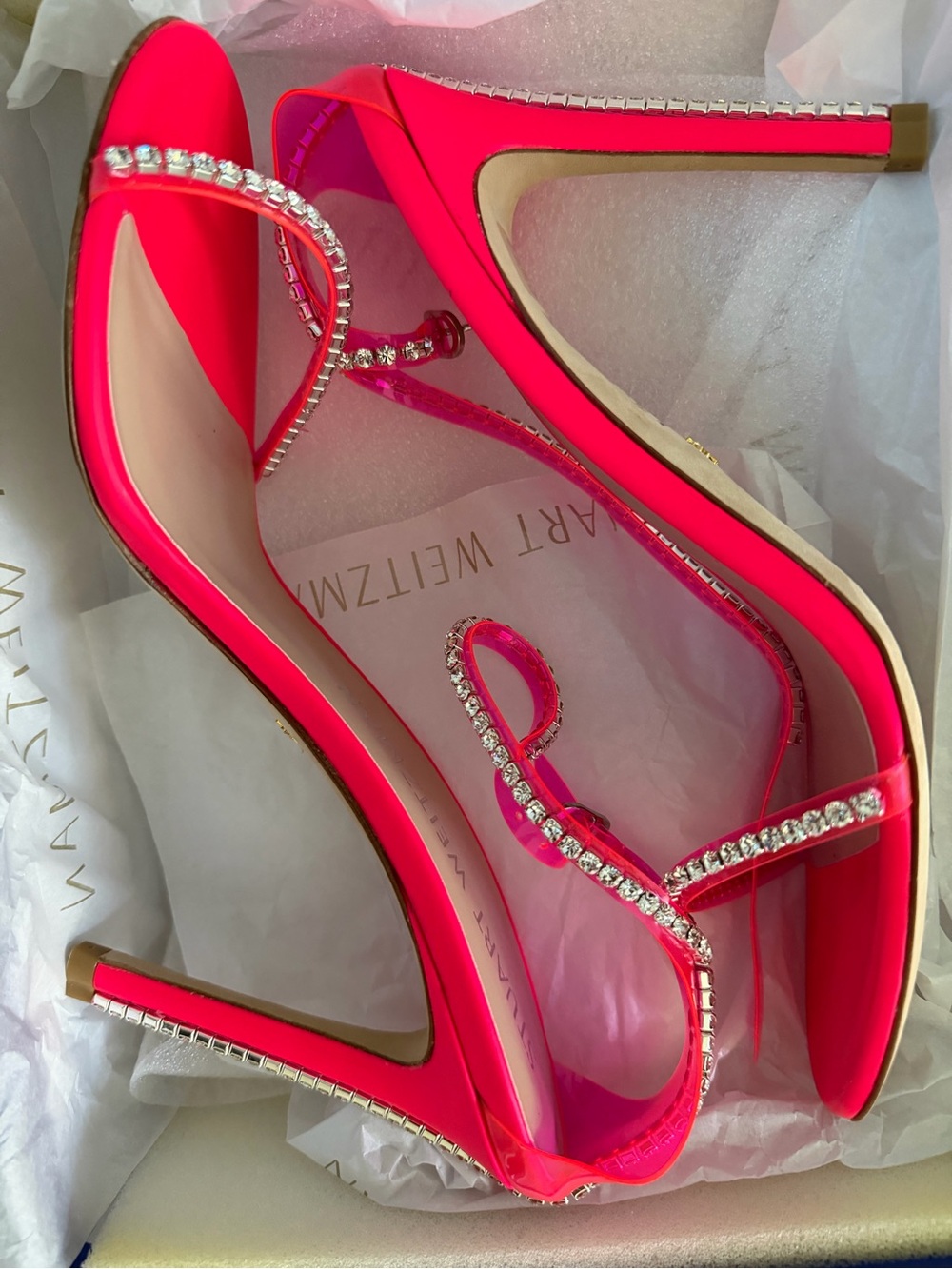 Stuart Weitzman Neon Pink Crystal-Ankle Strap Sandals